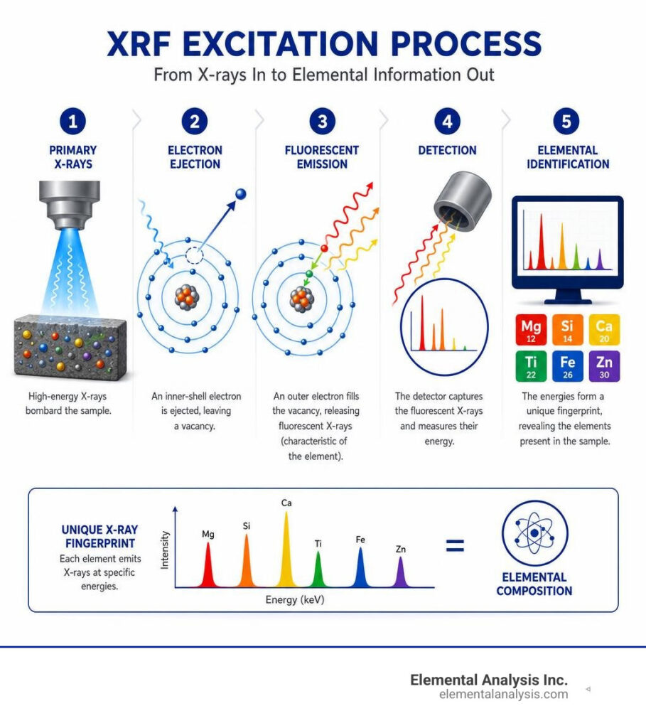 XRF excitation process: primary X-rays, electron ejection, fluorescent emission, detection, and elemental identification