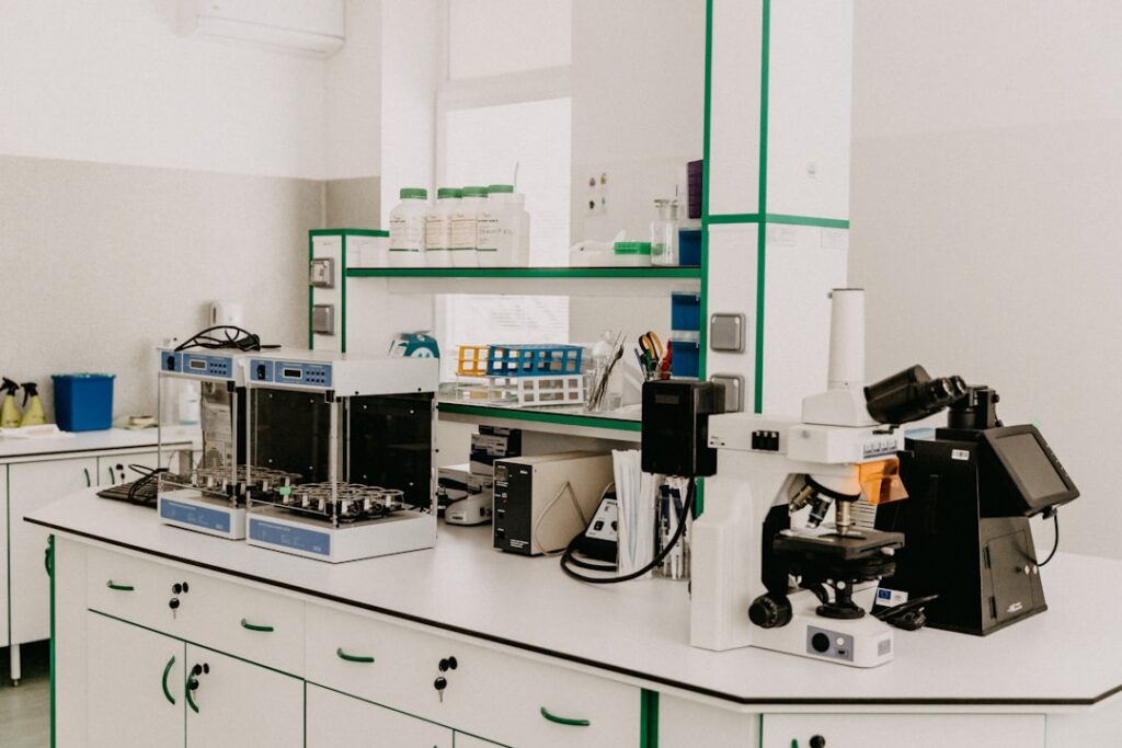 modern analytical chemistry laboratory with advanced spectroscopy and testing tools