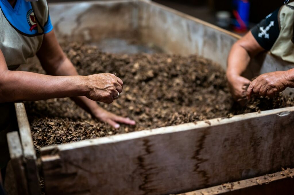 Rich compost being mixed into a garden bed